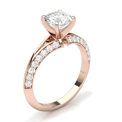 Moissanite Ring in Rose Gold Solitaire set with 4 prongs and shouldered with double river