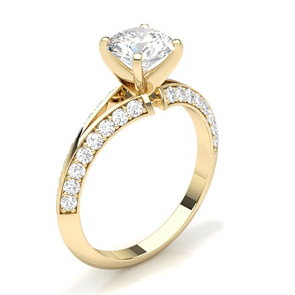 Moissanite Ring in Yellow Gold Solitaire set with 4 prongs and shouldered with double river