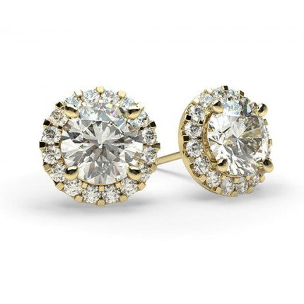 Stud Earrings in Yellow Gold with Solitaire and halo Moissanites